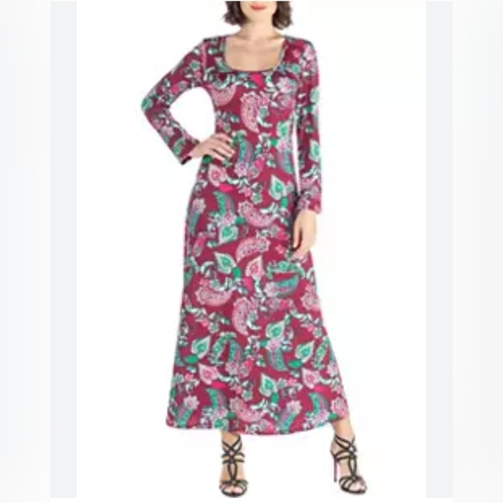 24/7 XL Floral Paisley Burgundy Maxi Dress Long Sleeve Office Church Party